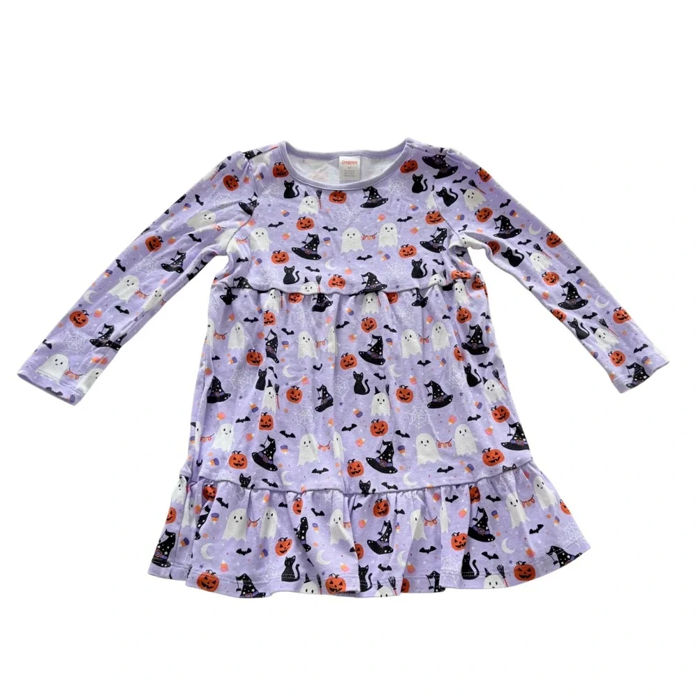 Gymboree Halloween Print Dress Kids 5T Purple Ghost Cat Pumpkin Long Sleeve